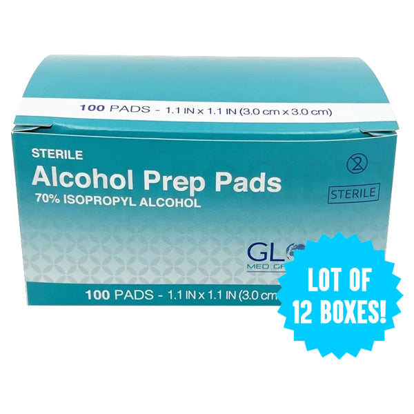 12 Pack - Sterile Alcohol Prep Pads 70% Isopropyl 3x3cm - 1200 Pads Total!