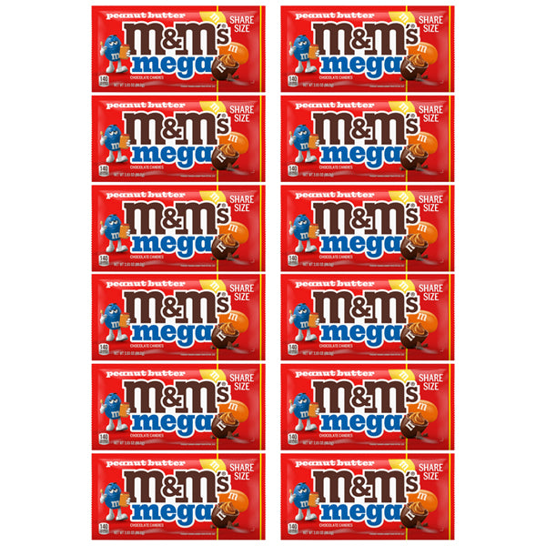 12 Pack - M&M'S Mega Peanut Butter Milk Chocolate Candy Share Size 2.83oz Bags