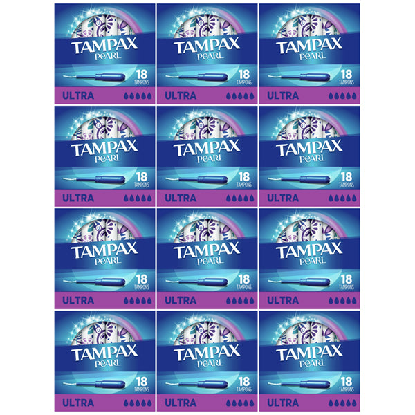 12 Pack - Tampax Pearl Tampons with LeakGuard Braid, Ultra Absorbency, 18 Ct