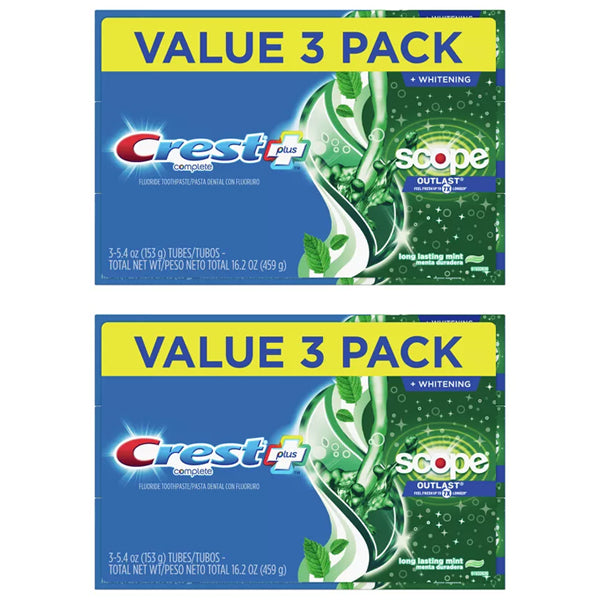 2 Pack - Crest + Scope Outlast Complete Whitening Toothpaste 5.4oz 3 Count Each