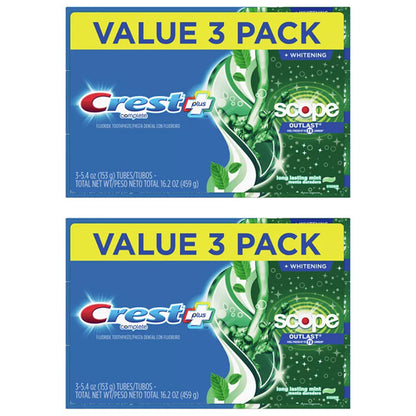 2 Pack - Crest + Scope Outlast Complete Whitening Toothpaste 5.4oz 3 Count Each