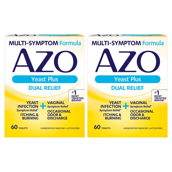 2 Pack - AZO Yeast Plus Dual Relief Tablets Relieves Itching & Burning 60 ct Each