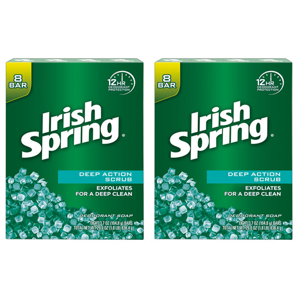 2 Pack - Irish Spring Deep Action Scrub Deodorant Bar Soap for Men 3.7oz 8 Count Each