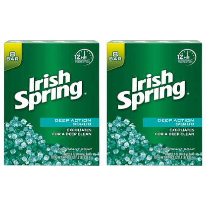 2 Pack - Irish Spring Deep Action Scrub Deodorant Bar Soap for Men 3.7oz 8 Count Each