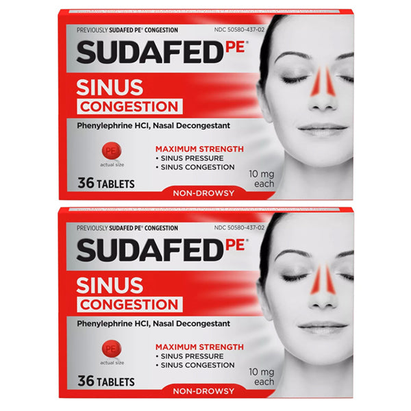 2 Pack - Sudafed PE Maximum Strength Non-Drowsy Congestion & Sinus Relief 36 ct Each