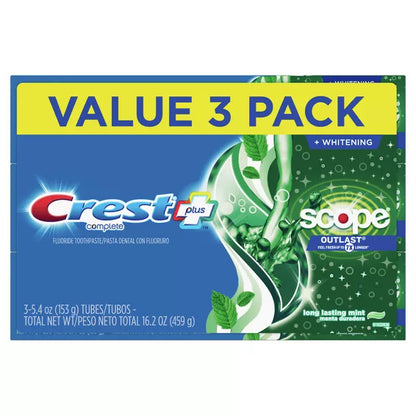 2 Pack - Crest + Scope Outlast Complete Whitening Toothpaste 5.4oz 3 Count Each