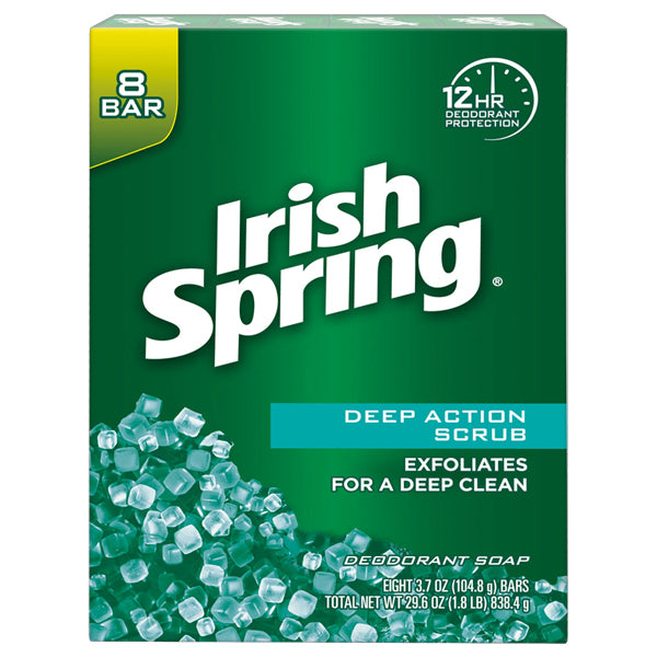 2 Pack - Irish Spring Deep Action Scrub Deodorant Bar Soap for Men 3.7oz 8 Count Each