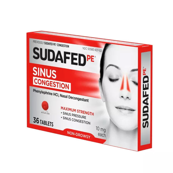 2 Pack - Sudafed PE Maximum Strength Non-Drowsy Congestion & Sinus Relief 36 ct Each