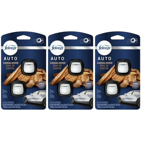 3 Pack - Febreze Auto Car Air Freshener Air Vent Clip Sandalwood Scent 2 Pack