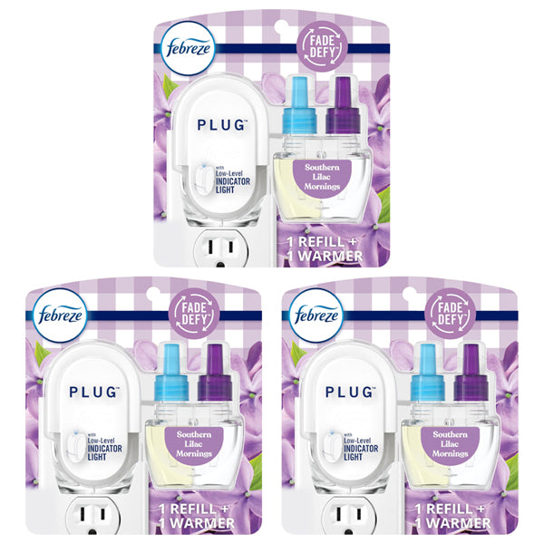 3 Pack - Febreze Fade Defy PLUG Air Freshener Starter Kit Southern Lilac Mornings