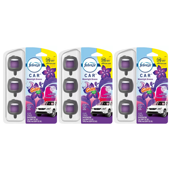 3 Pack - Febreze Car Air Freshener Vent Clip Gain Moonlight Breeze Scent 3ct Each