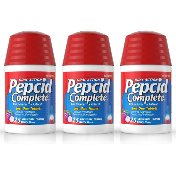 3 Pack - Pepcid Complete Acid Reducer + Antacid Chewable Berry Flavor Tablets 25ct