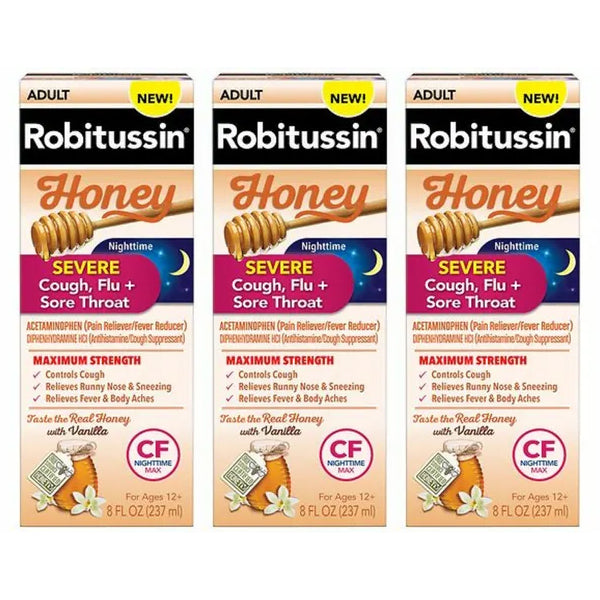 3 Pack - Adult Robitussin Honey + Vanilla Severe Cough Flu + Sore Throat 8oz