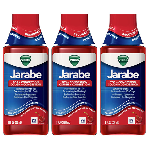 3 Pack - Vicks Jarabe Cough & Congestion Cold Medicine Cherry 8oz