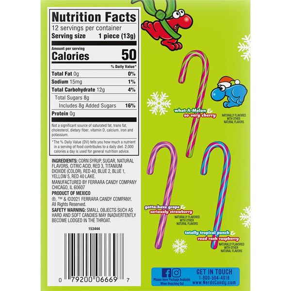 6 Pack - Nerds Holiday Candy Canes Assorted Flavors 12 Count Each