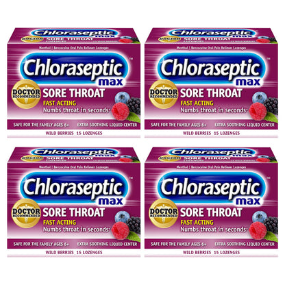 4 Pack - Chloraseptic Max Strength Sore Throat Lozenges Wild Berries 15 Count