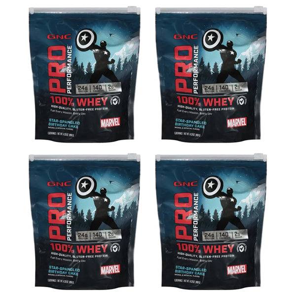 4 Pack - GNC 100% Whey Marvel Star-Spangled Birthday Cake 14.39oz