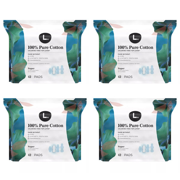 4 Pack - L . Organic Cotton Topsheet Ultra Thin Super Absorbency Pads 42 Count