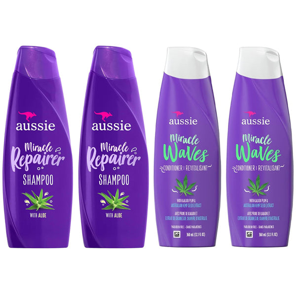 4 Pack - Aussie Miracle Waves & Repair Shampoo & Conditioner Bundle