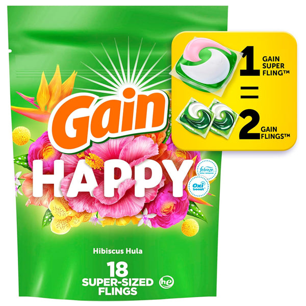 4 Pack - Gain Super Sized Flings Laundry Detergent Pacs Hibiscus Hula Scent 18ct Each