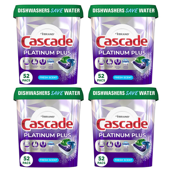 4 Pack - Cascade Platinum Plus Dishwasher Pod ActionPacs Fresh Scent 52ct Each