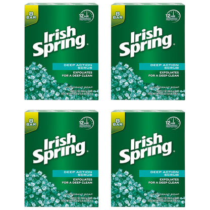 4 Pack - Irish Spring Deep Action Scrub Deodorant Bar Soap for Men 3.7oz 8 Count Each