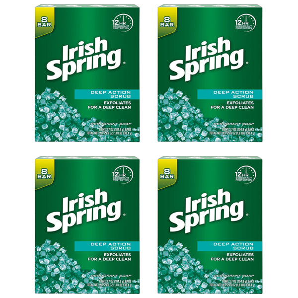 4 Pack - Irish Spring Deep Action Scrub Deodorant Bar Soap for Men 3.7oz 8 Count Each