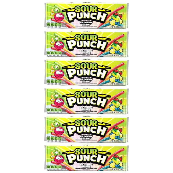 6 Pack - Sour Punch Straws Rainbow Assorted Sweet & Sour Chewy Candy 3.2oz Tray