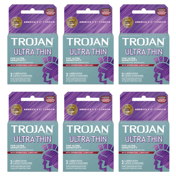 6 Pack - Trojan Condom Sensitivity Ultra Thin Spermicidal 3 Count Each