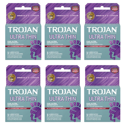 6 Pack - Trojan Condom Sensitivity Ultra Thin Spermicidal 3 Count Each