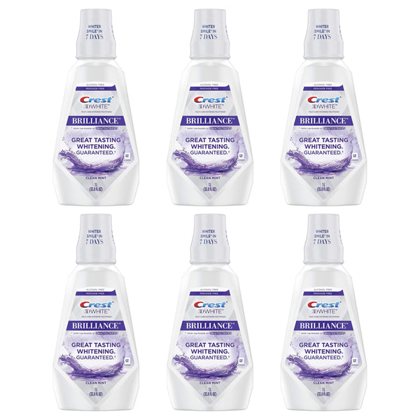 6 Pack - Crest 3D White Brilliance Alcohol Free Whitening Mouthwash Clean Mint 1L