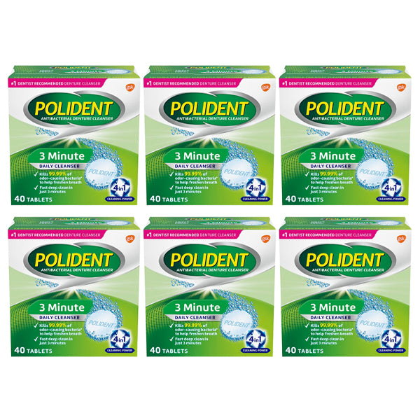 6 Pack - Polident 3 Minute Denture Cleanser 40 tablets Each