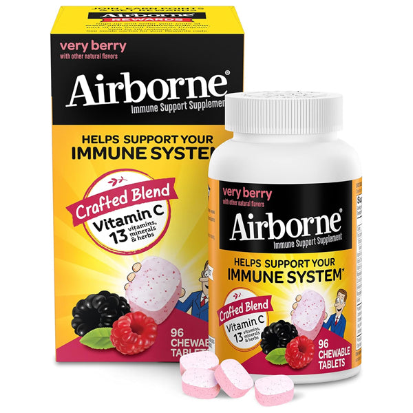 2 Pack - Airborne 1000mg Vitamin C Chewable Tablets with Zinc Very Berry 96ct