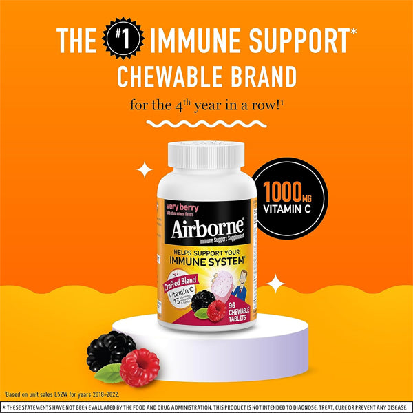 2 Pack - Airborne 1000mg Vitamin C Chewable Tablets with Zinc Very Berry 96ct