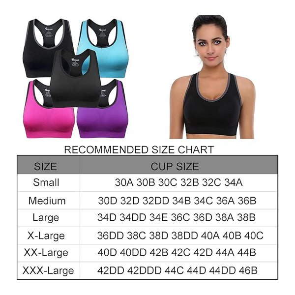 5 Pack - Women's Seamless Racerback Sports Bra for High Impact Support - Large