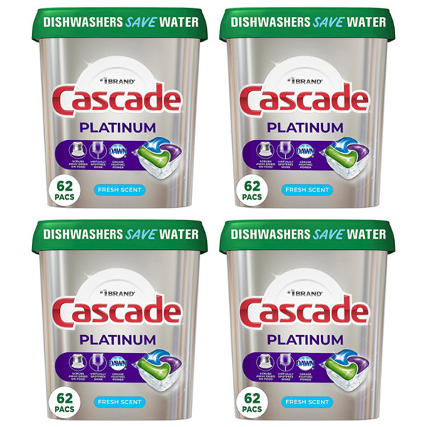 4 Pack - Cascade Platinum Dishwasher Pods Actionpacs Fresh Scent 62ct Each