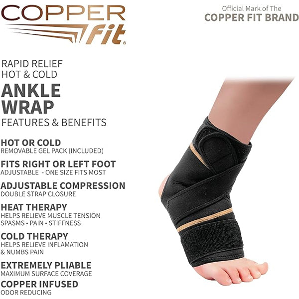 Copper Fit Rapid Relief & Hot/Cold Ankle Foot Wrap with Hot Cold Pack, Black, One Size Fits Most