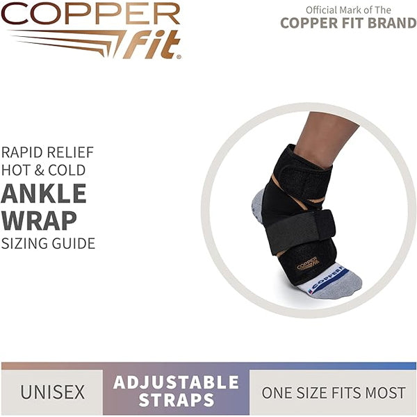 Copper Fit Rapid Relief & Hot/Cold Ankle Foot Wrap with Hot Cold Pack, Black, One Size Fits Most