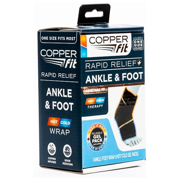 Copper Fit Rapid Relief & Hot/Cold Ankle Foot Wrap with Hot Cold Pack, Black, One Size Fits Most