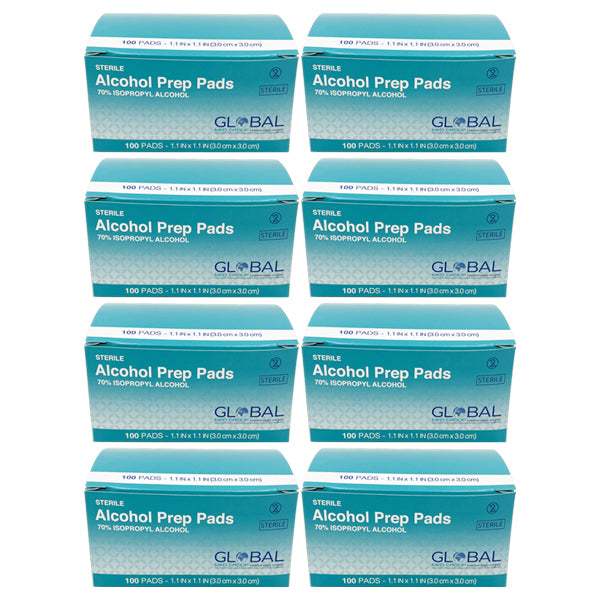 8 Pack - Sterile Alcohol Prep Pads 70% Isopropyl 3x3cm - 800 Pads Total!